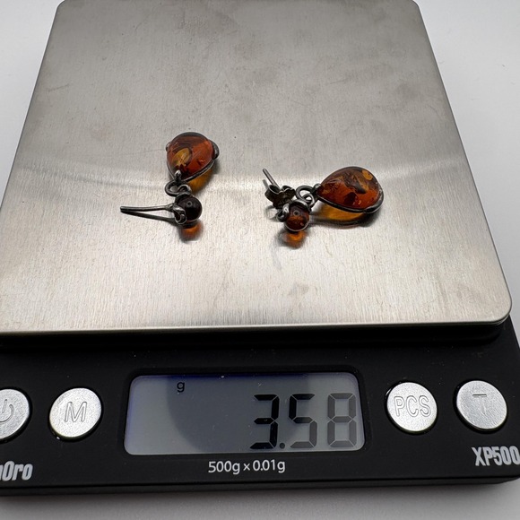Sterling Silver Amber Teardrop Dangle Earrings Post Drop Pierced Vintage - Picture 8 of 9